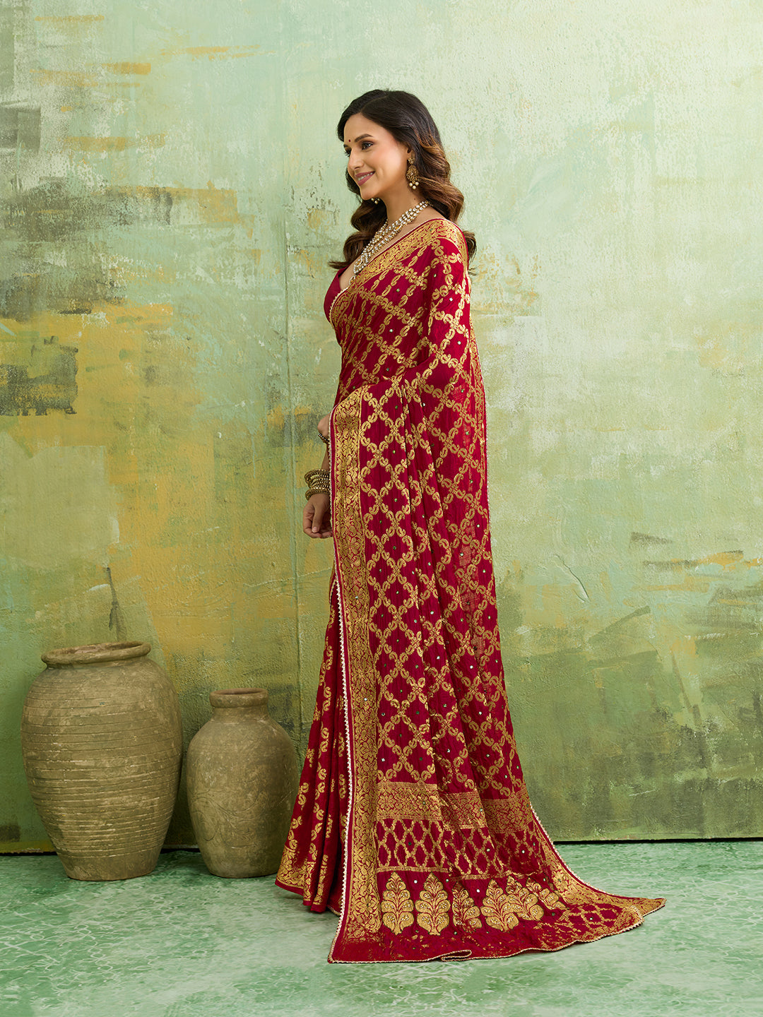 trending mirror work saree in bandhani pattern 