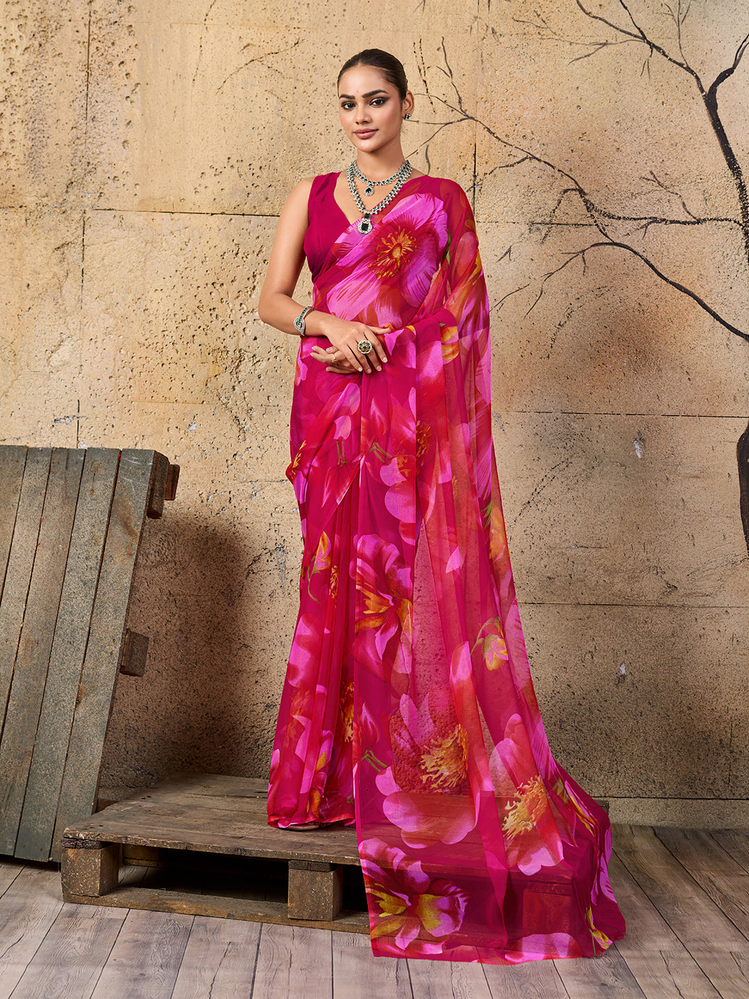A vibrant pink saree with floral patterns Georgette Flower Printed Style 