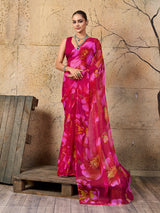 A vibrant pink saree with floral patterns Georgette Flower Printed Style 