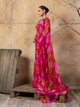 A vibrant pink saree with floral patterns Georgette Flower Printed Style 