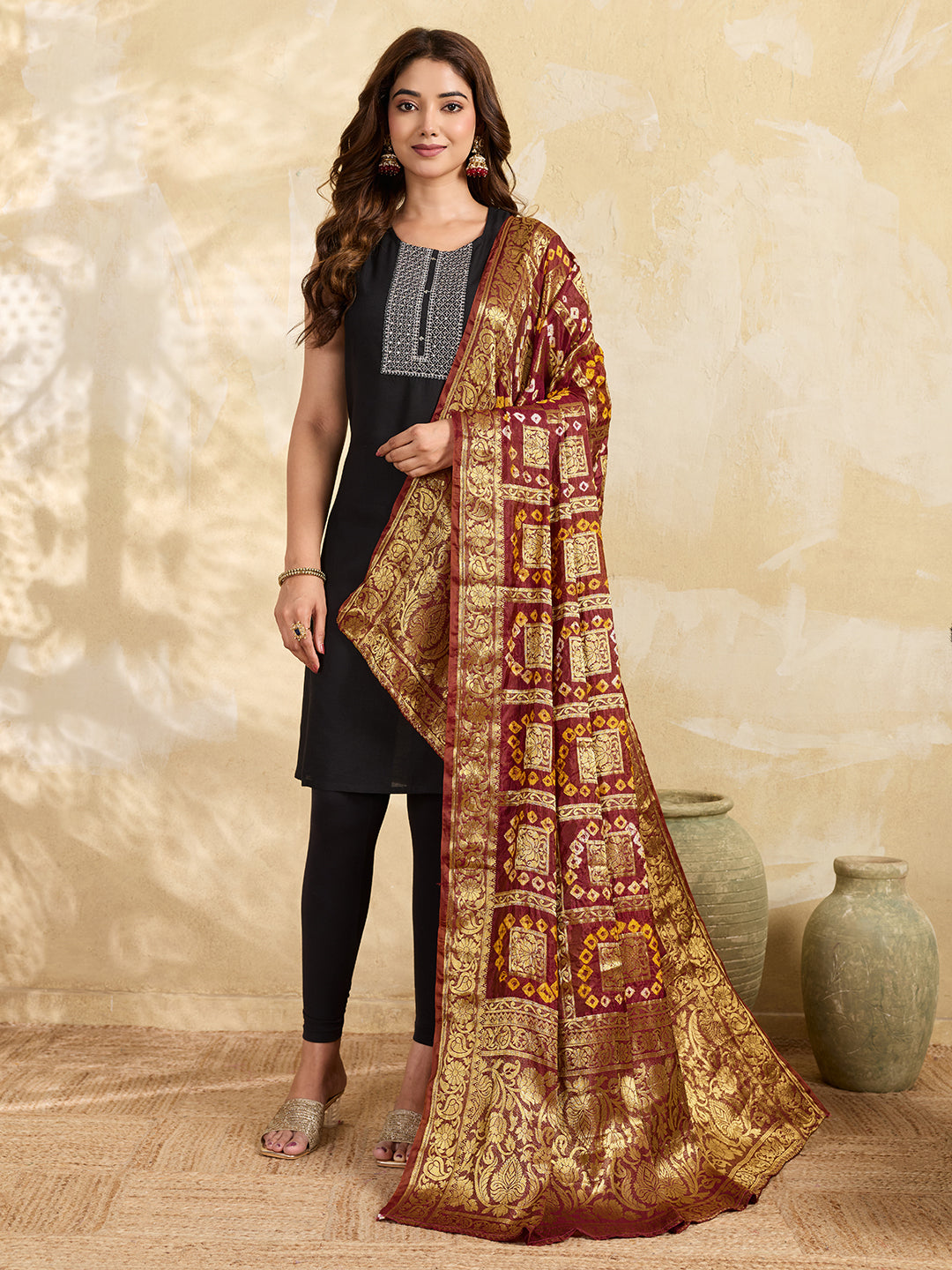 KcPc Royal Look Jacquard Silk Dupatta with Authentic Handmade Bandhani