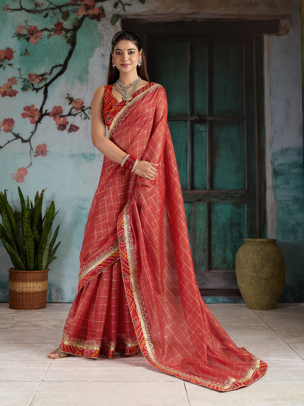KcPc Embroidery Bandhani Border Kota Doria Saree SWA