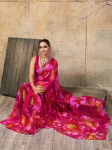 A vibrant pink saree with floral patterns Georgette Flower Printed Style 