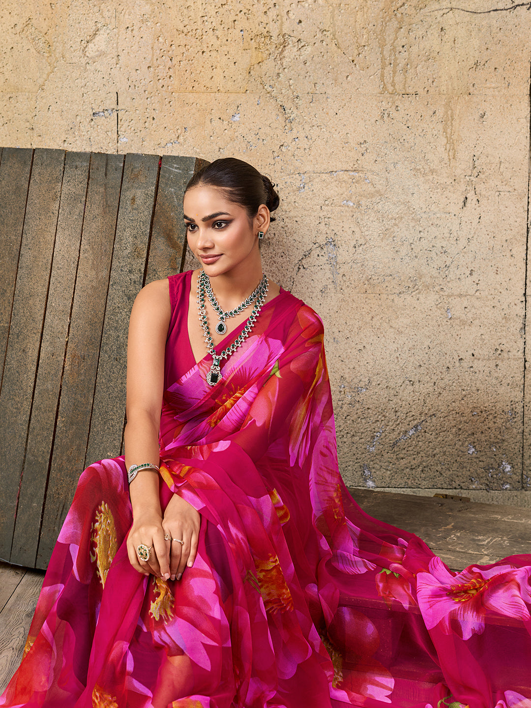 A vibrant pink saree with floral patterns Georgette Flower Printed Style 