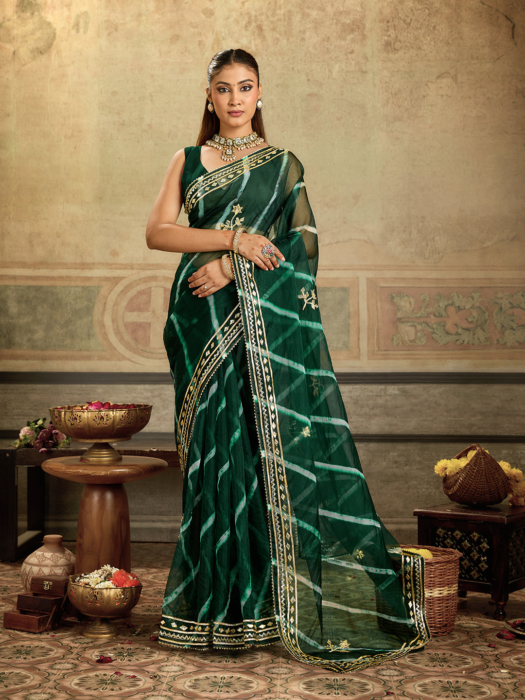 KcPc New Beautiful Organza Leheriya Style With Gotapatti Work Saree MHS