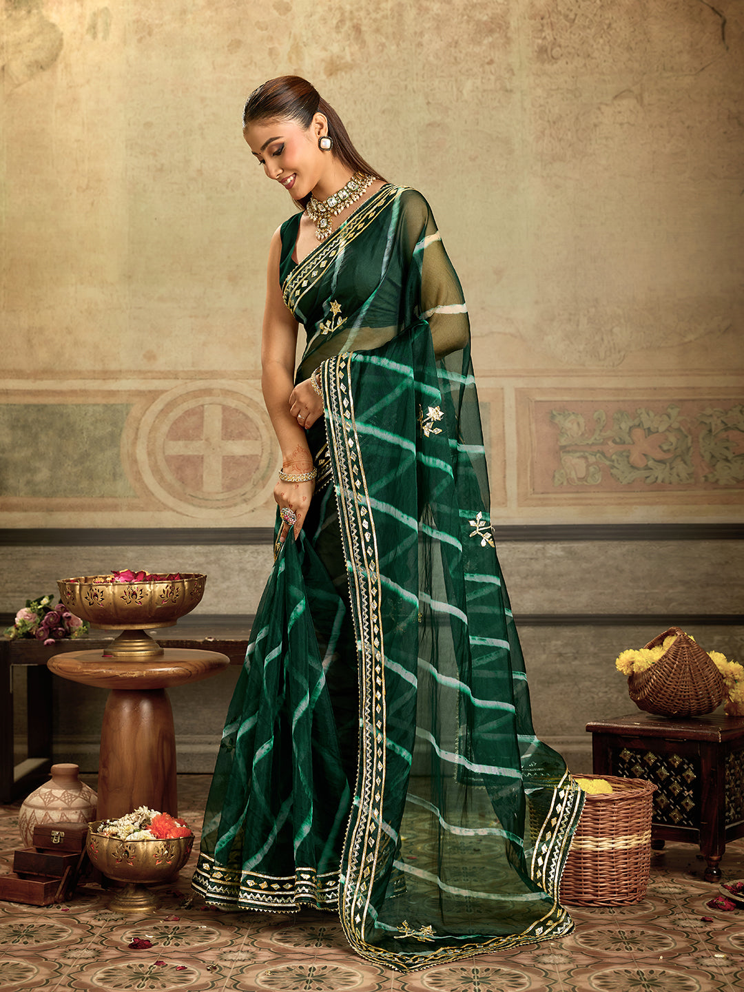 KcPc New Beautiful Organza Leheriya Style With Gotapatti Work Saree MHS