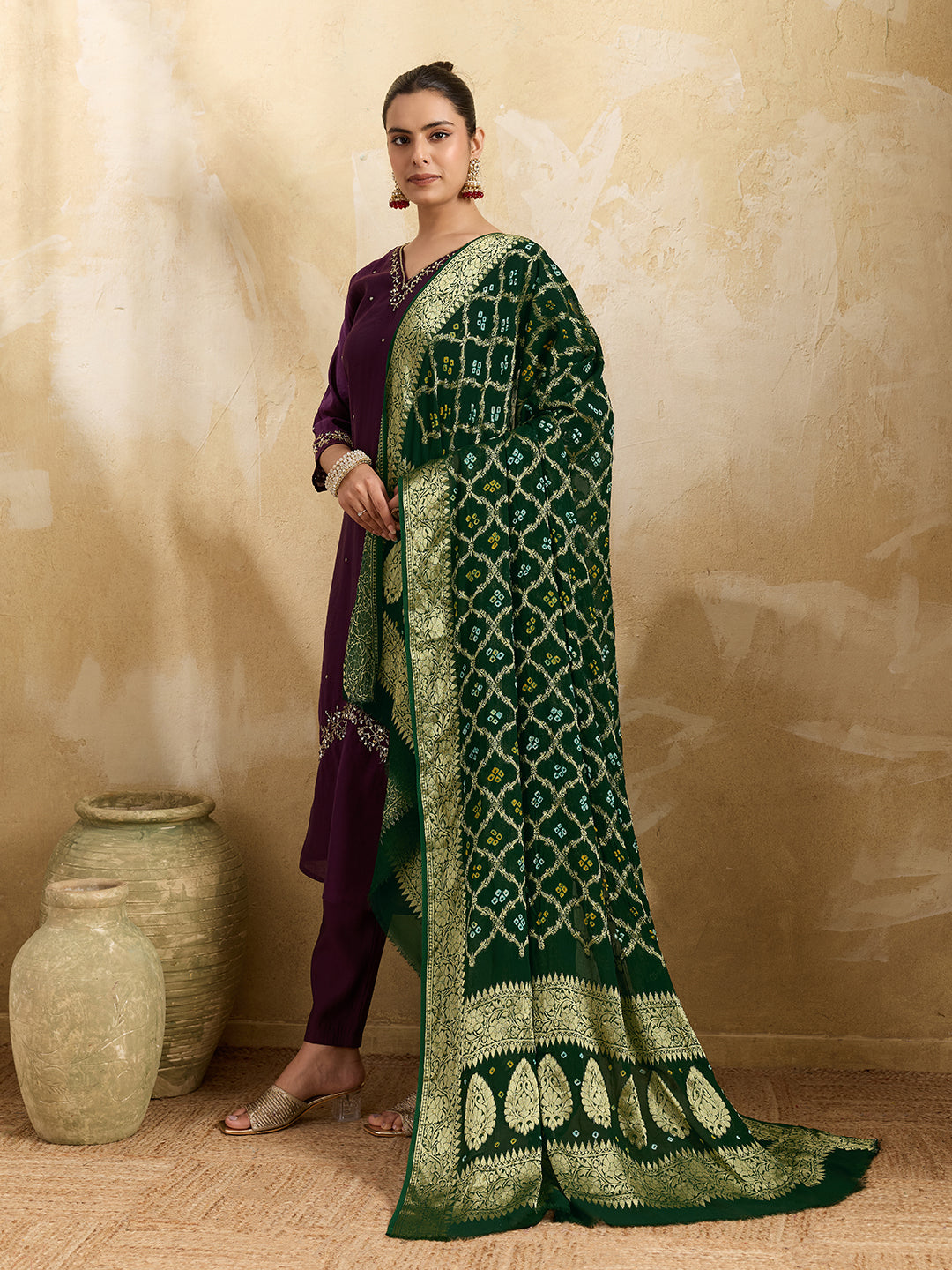 KcPc Pure Georgette Banarasi Bandhani Dupatta Bottle Green