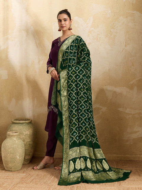 KcPc Pure Georgette Banarasi Bandhani Dupatta Bottle Green