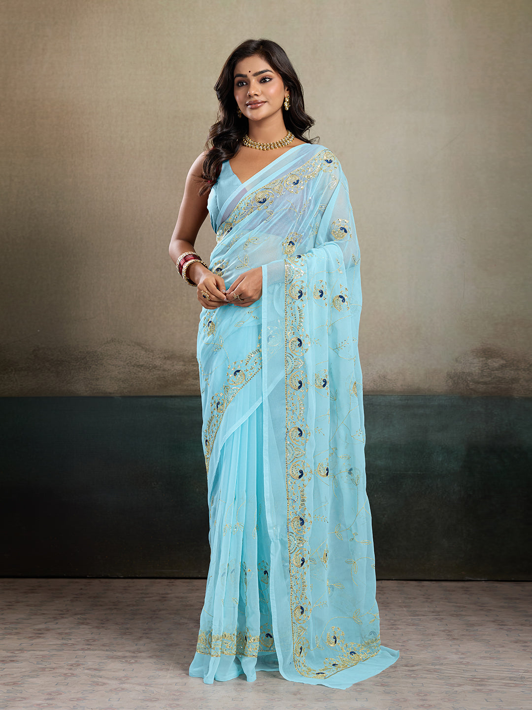 Buy Designer Saree With Handcrafted Aari Tari Work 