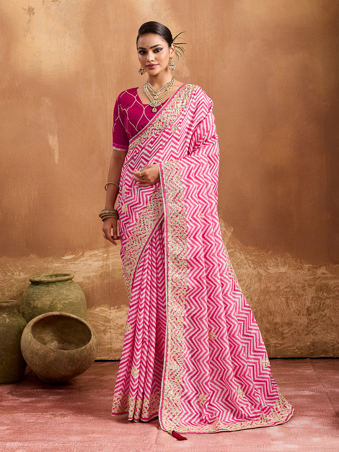 Lightweight Chinon Silk for party wear in pink color