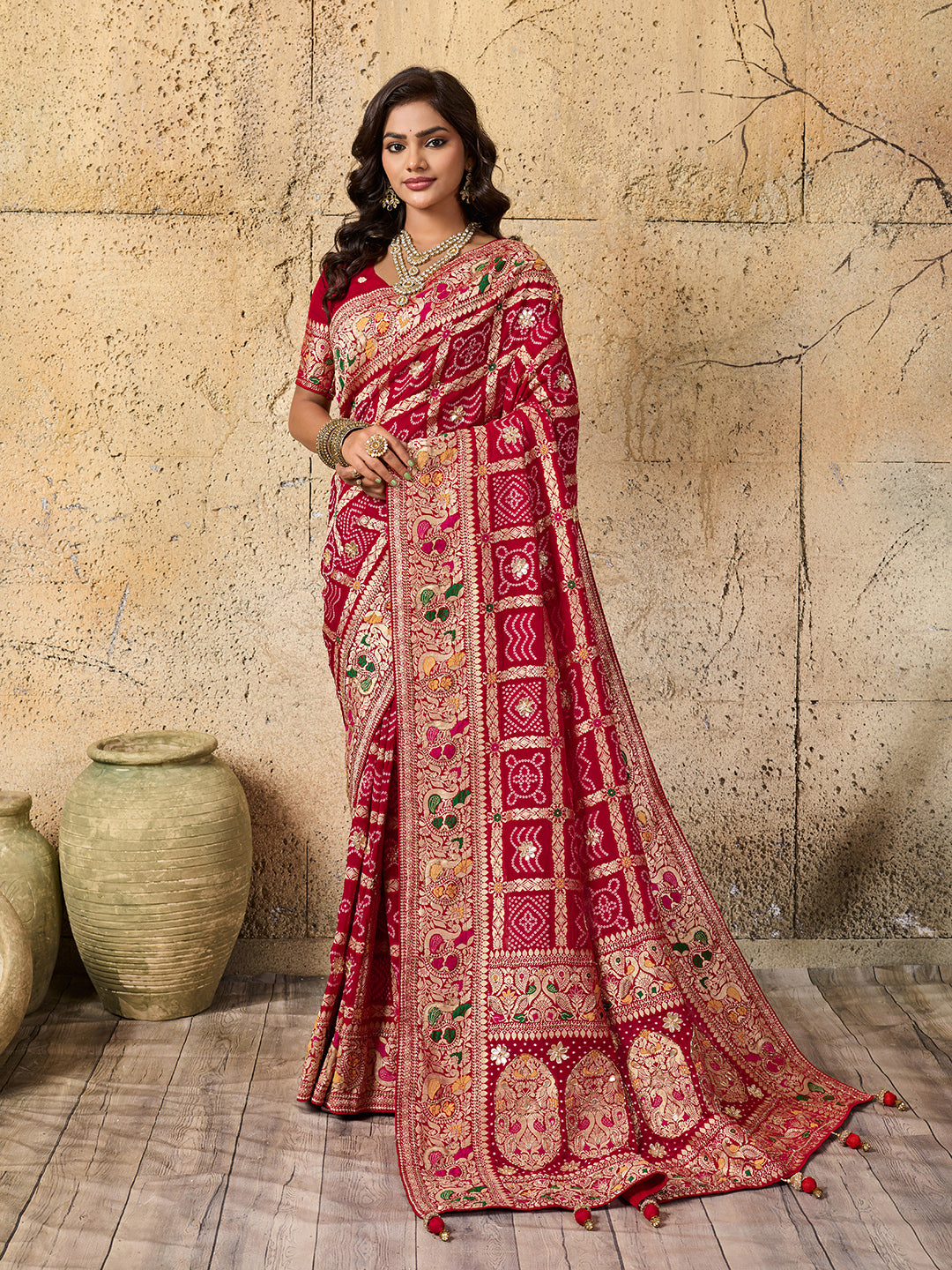 Georgette Gharchola Bandhej Cutdana Gotapatti Work Saree