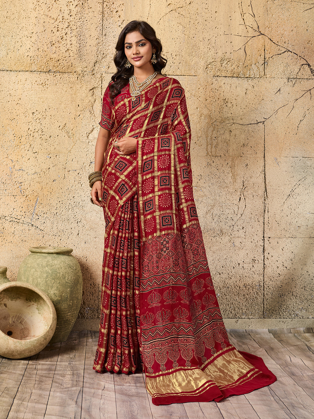 By Ajrakh saree With Traditional Wear