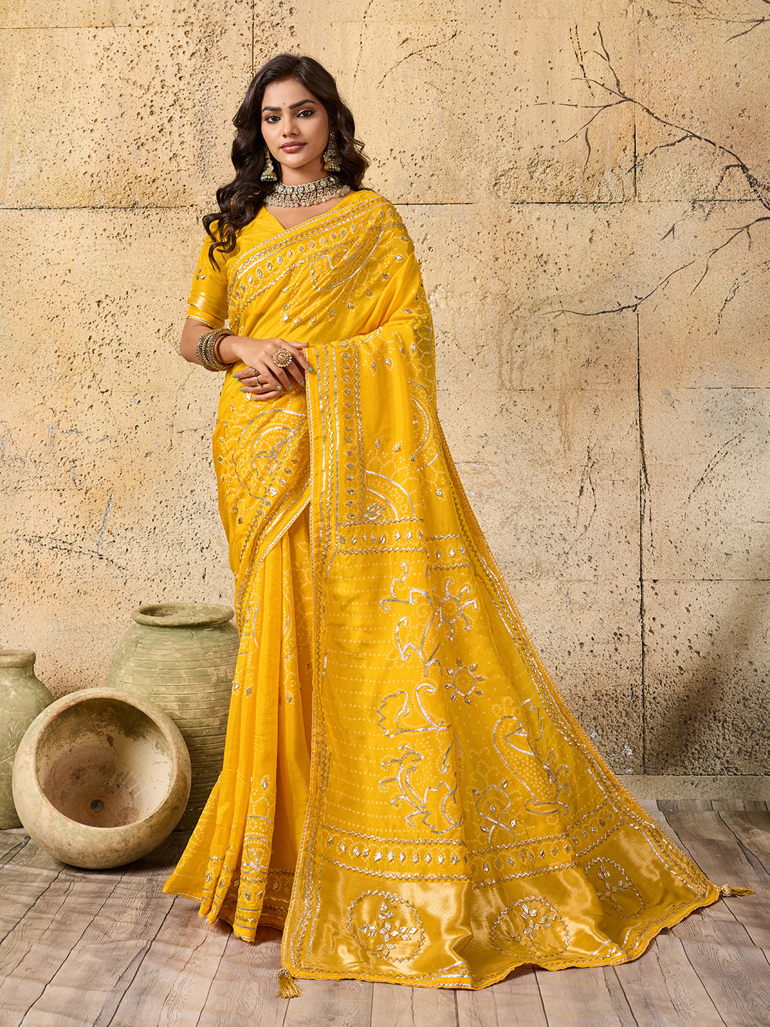 KcPc Royal Bandhani with Kachha Gota Patti Glow Modal Silk SareeAMT