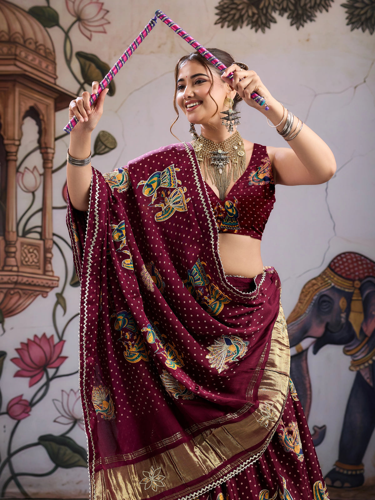 KcPc Gaji Silk Kalamkari Lehenga with Gotapatti WorkGOURI
