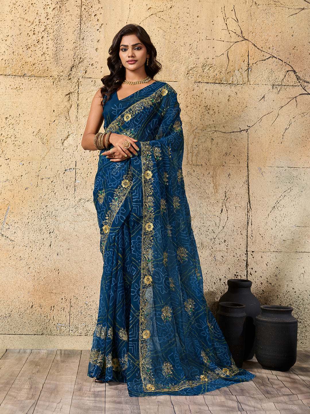  Royal Bandhani Georgette Saree With Golden Embellishments Workunder 1500