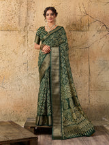 KcPc New beautifulCotton silk Ajrakh style With Ajrakh HandPrint Work Saree STL
