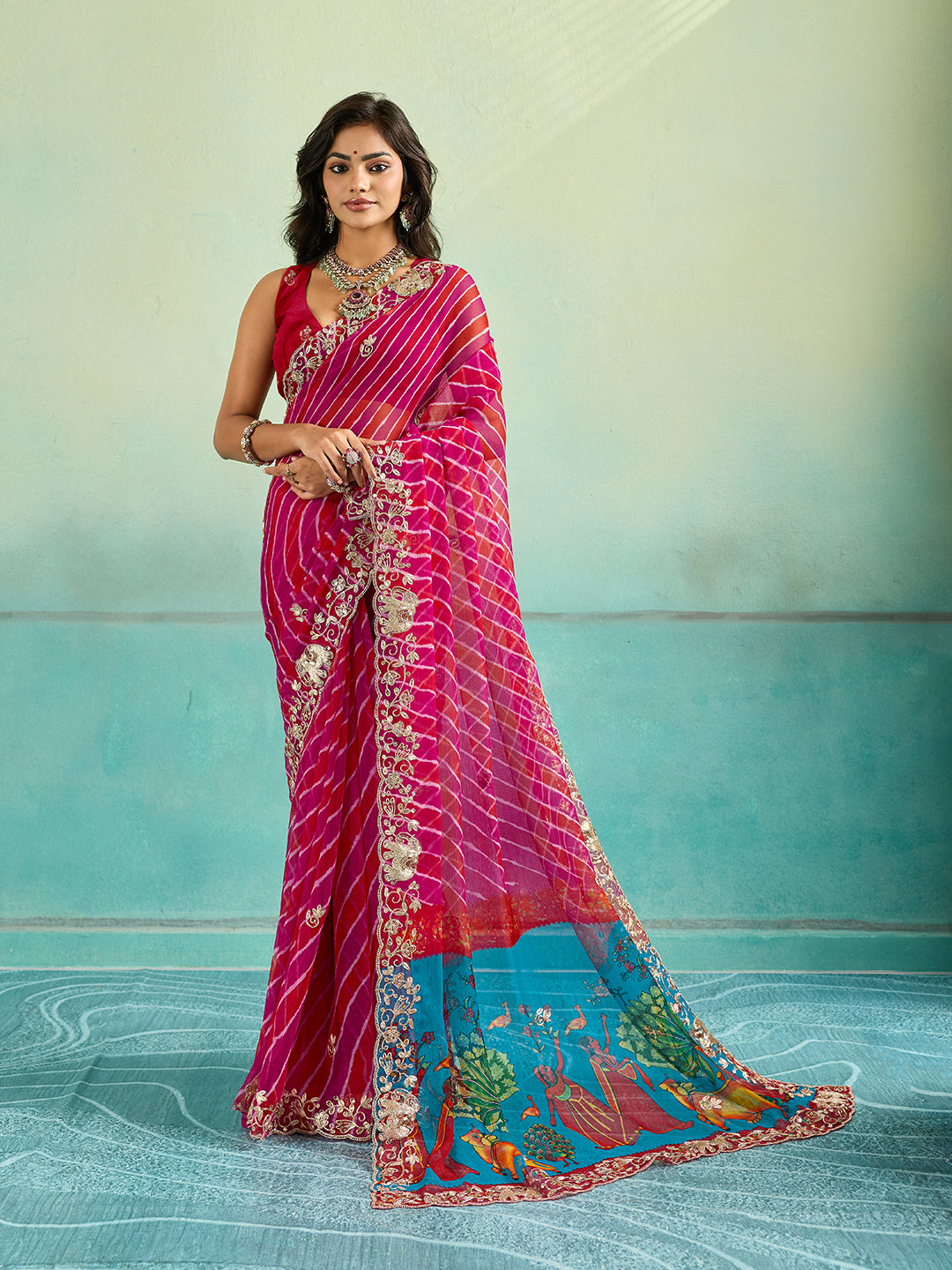 KcPc New Premium Leheriya Kalamkari Style Saree Crafted in Soft Chiffon Georgette FabricVND
