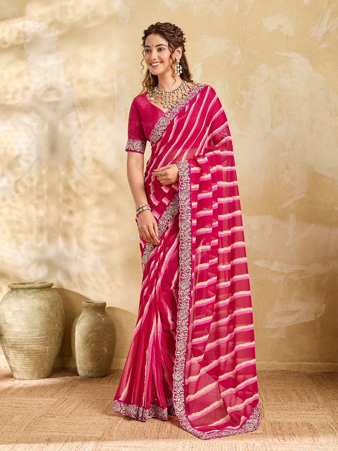  Chiffon Leheriya Style With Embroidery Border Work Saree in pink colour