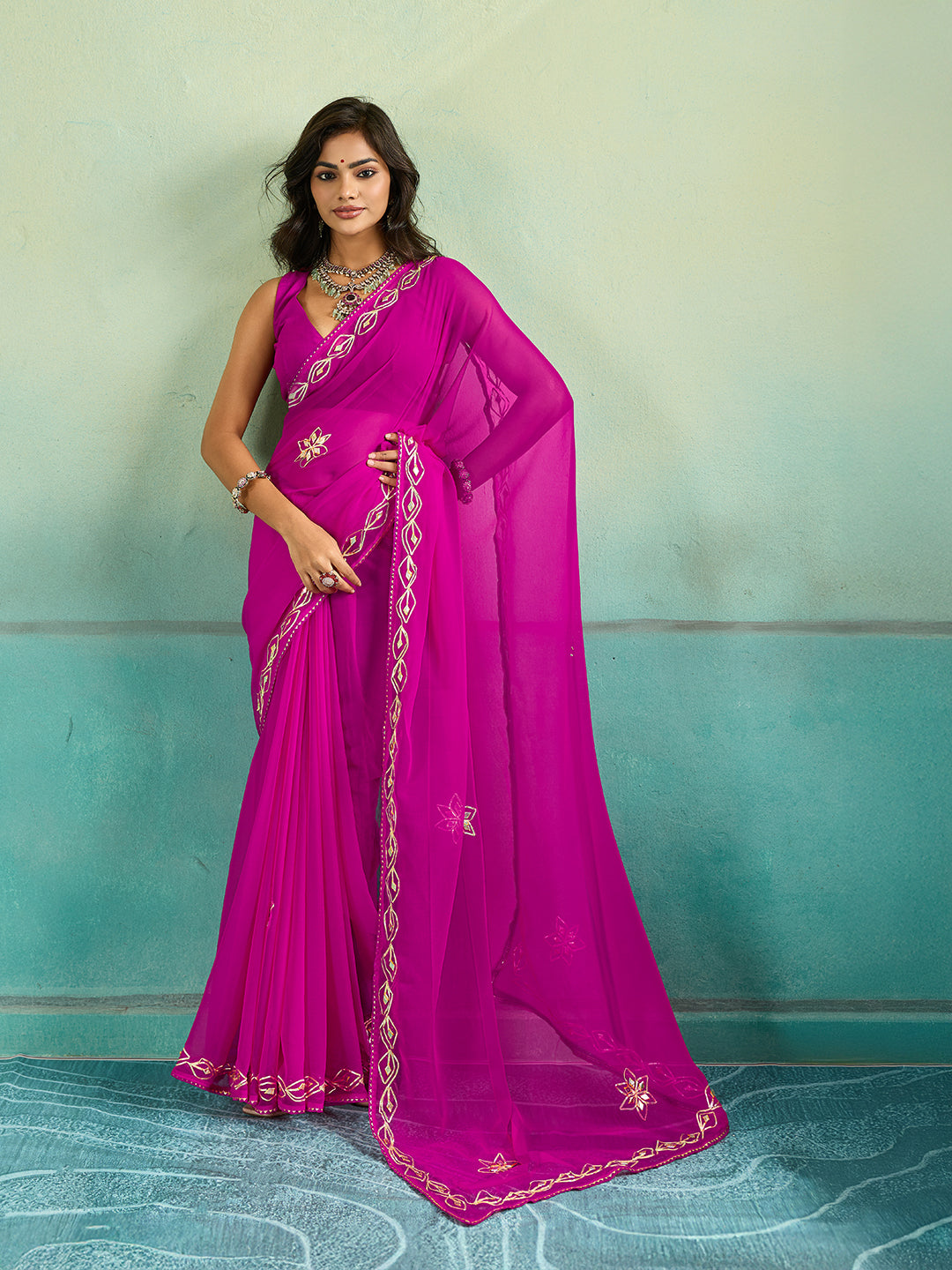 KcPc New Beautiful Chiffon Bollywood Style Gotapatti Work Saree MHS