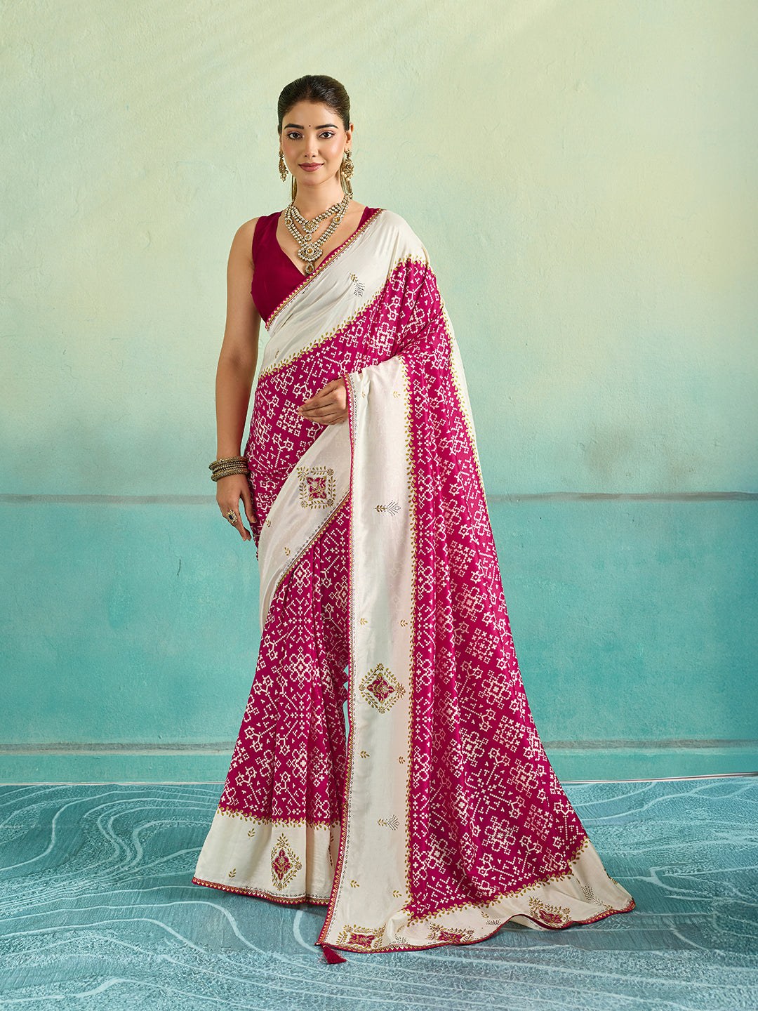KcPc New Latest Ajrakh Style Creap Silk Saree with Stone Work Saree STR