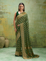 KcPc Latest New Launch Pure Khaddi Georgette Upada Neemzari Bandhej SareeBottle Green