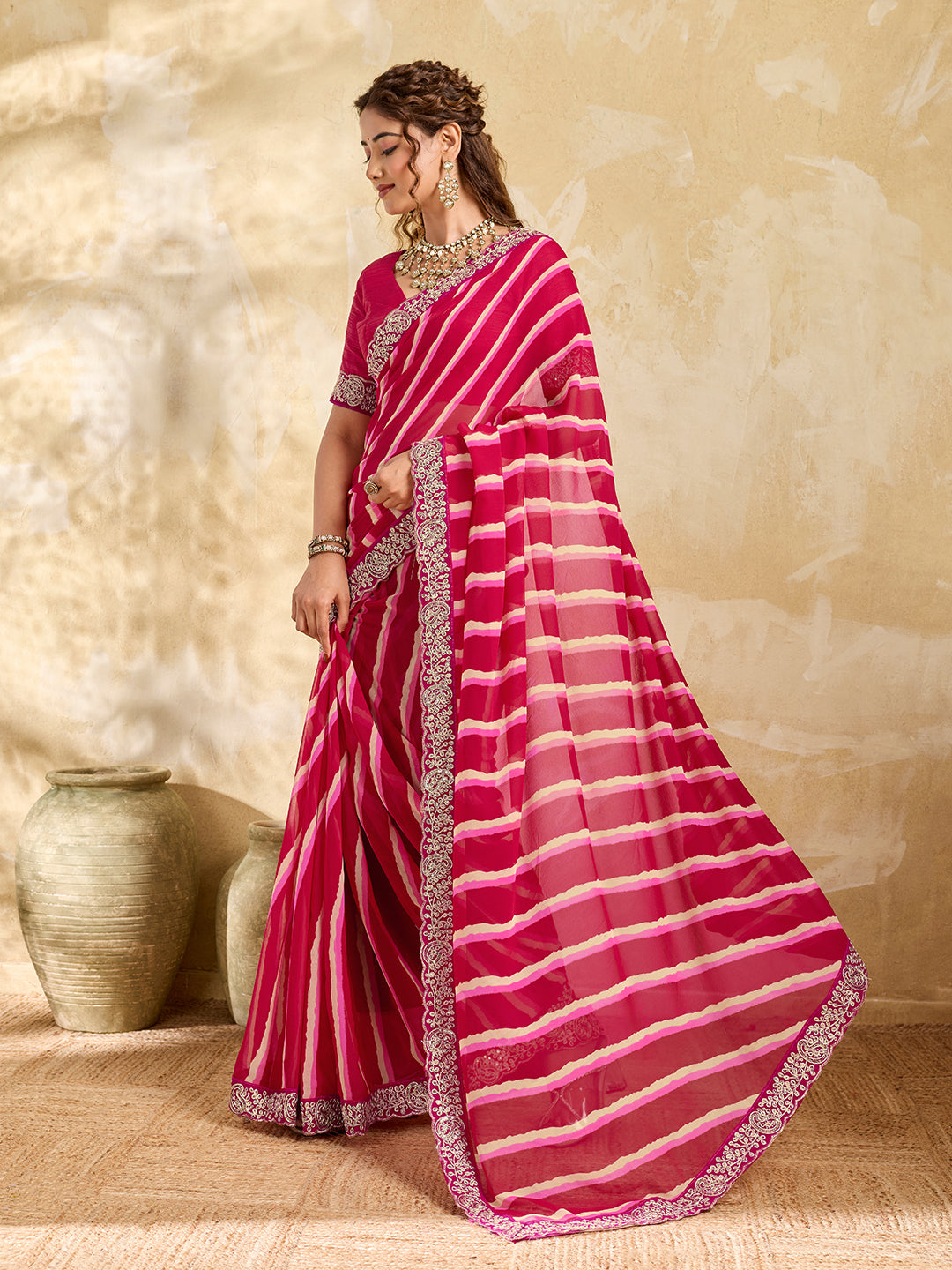 Chiffon Leheriya Style With Embroidery Border Work Saree in pink colour