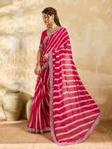  Chiffon Leheriya Style With Embroidery Border Work Saree in pink colour