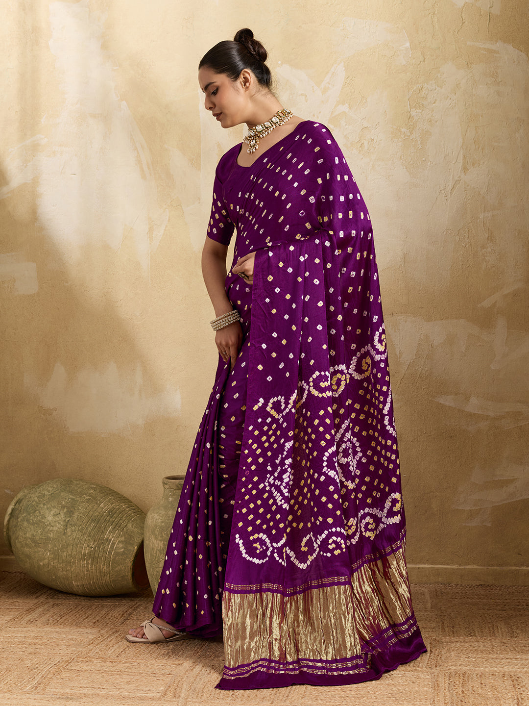 KcPc Modal Gaji Silk Bandhani Ekdana Handmade Bandhej Saree with Lagdi Patta Pallu RJB