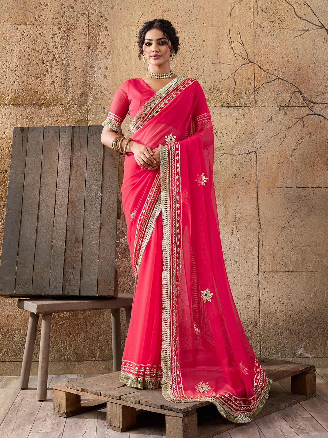 KcPc New Elegant Pure Georgette Kacha Gotapatti Work Saree for Festive OccasionsMHS