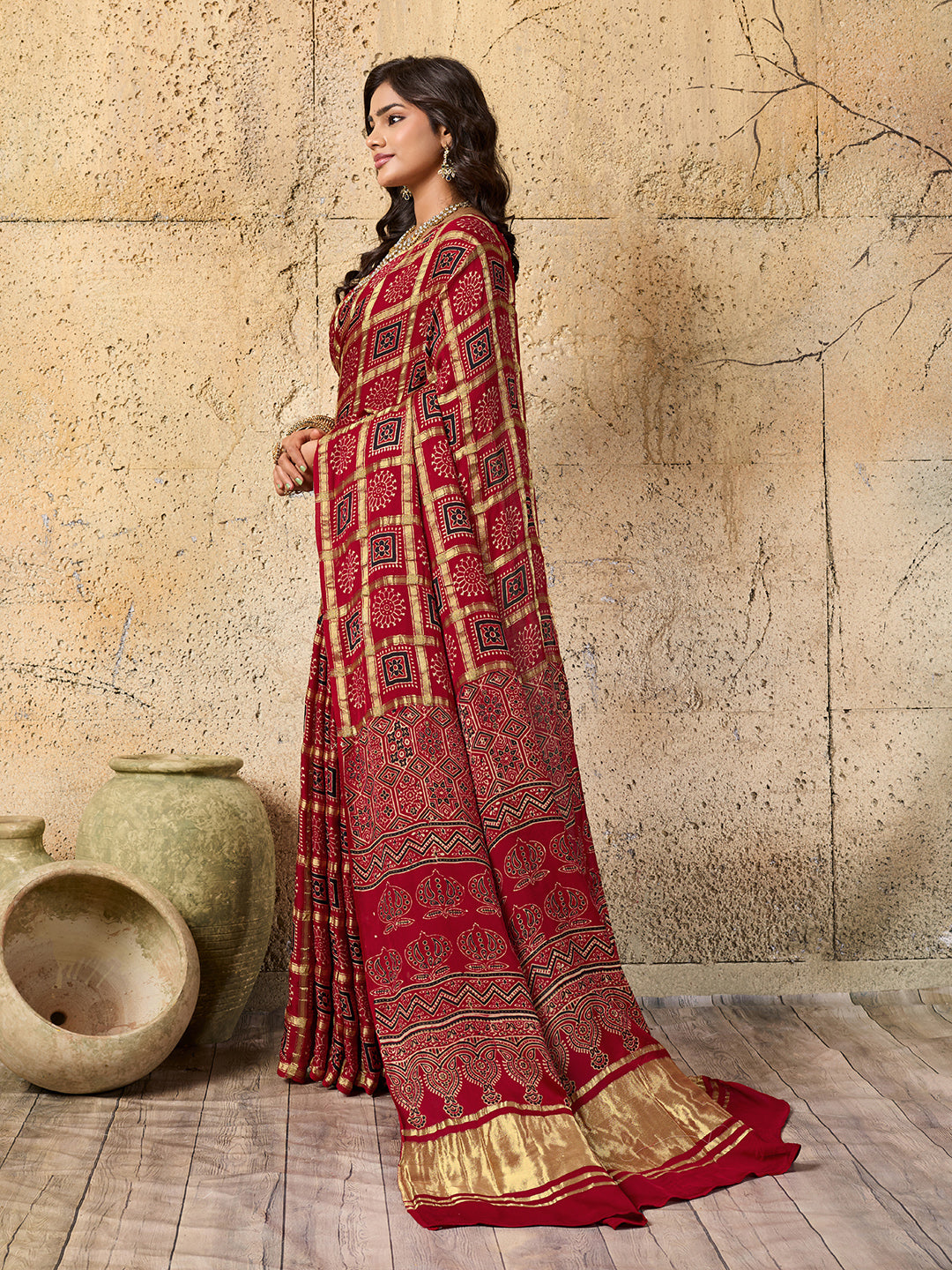 By Ajrakh saree With Traditional Wear