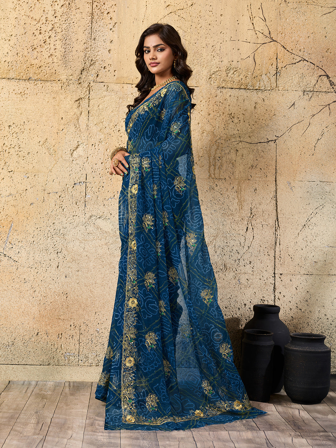  Royal Bandhani Georgette Saree With Golden Embellishments Workunder 1500