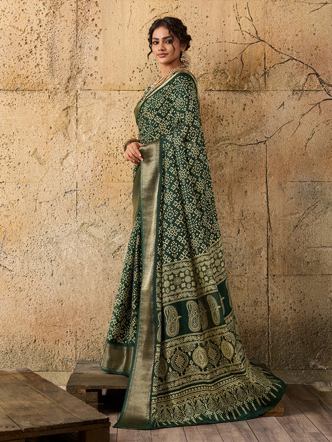 KcPc New beautiful  Cotton silk Ajrakh style With Ajrakh HandPrint Work Saree STL