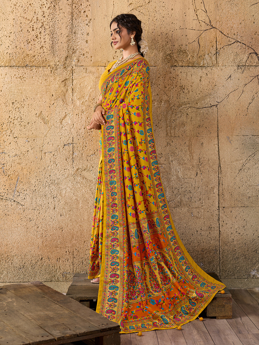KcPc Latest handpickedpashmina silkFoil Print SareeSTR Mustard