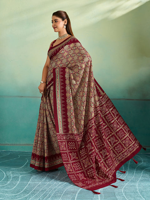 KcPc Tussar Silk Ajrakh Saree with Aari & Aabla Work  STR