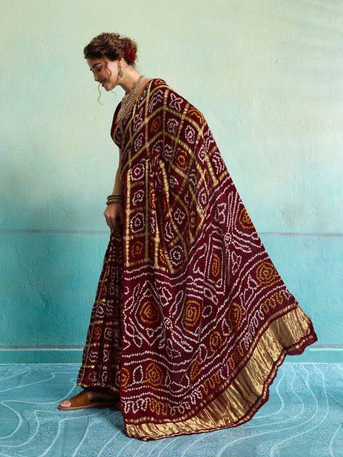 KcPc Pure Gaji Silk Bandhani Ghatchola Saree  Mehroon