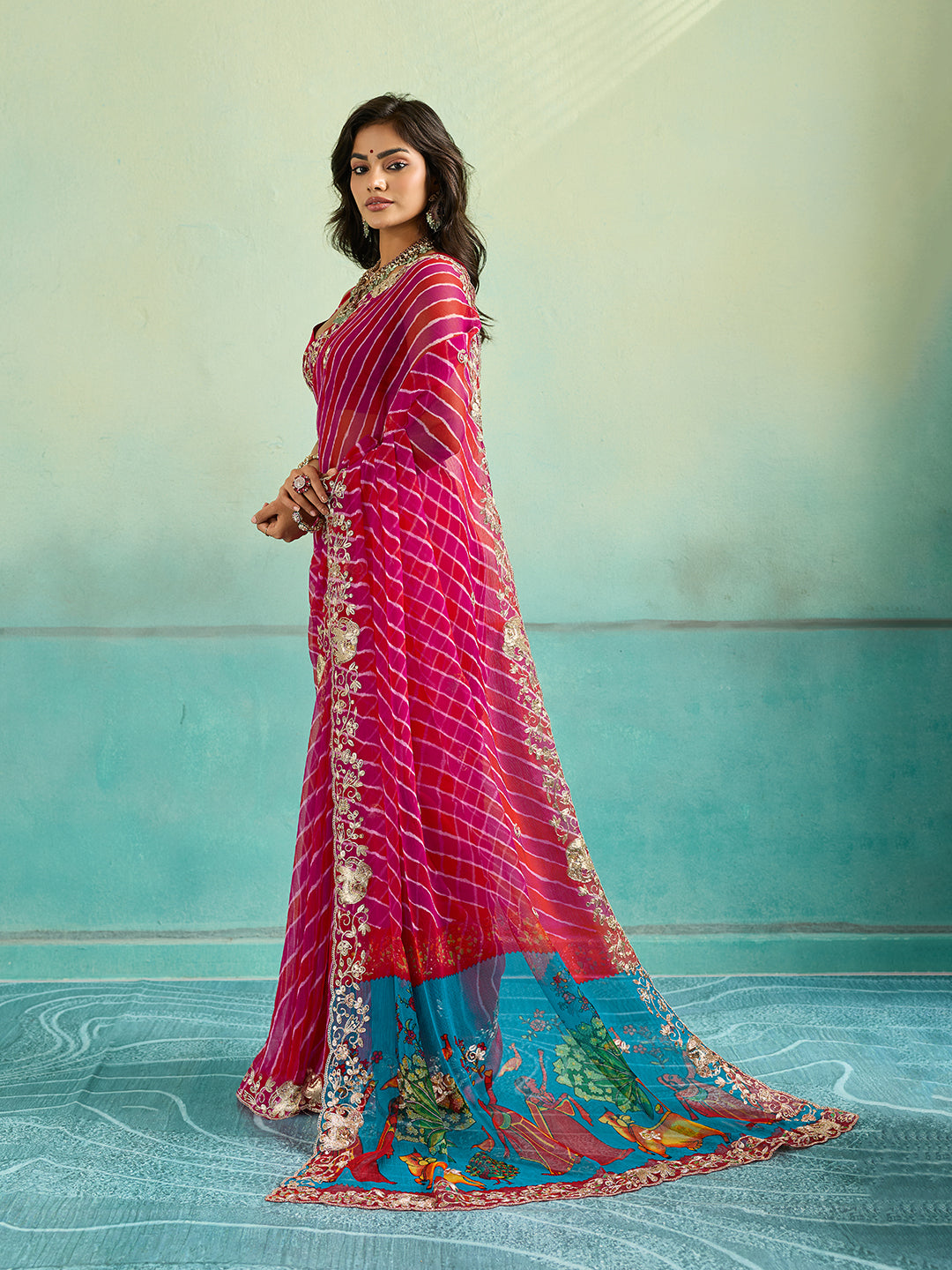 KcPc New Premium Leheriya Kalamkari Style Saree Crafted in Soft Chiffon Georgette FabricVND