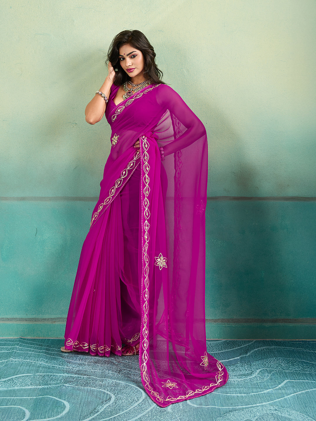 KcPc New Beautiful Chiffon Bollywood Style Gotapatti Work Saree MHS