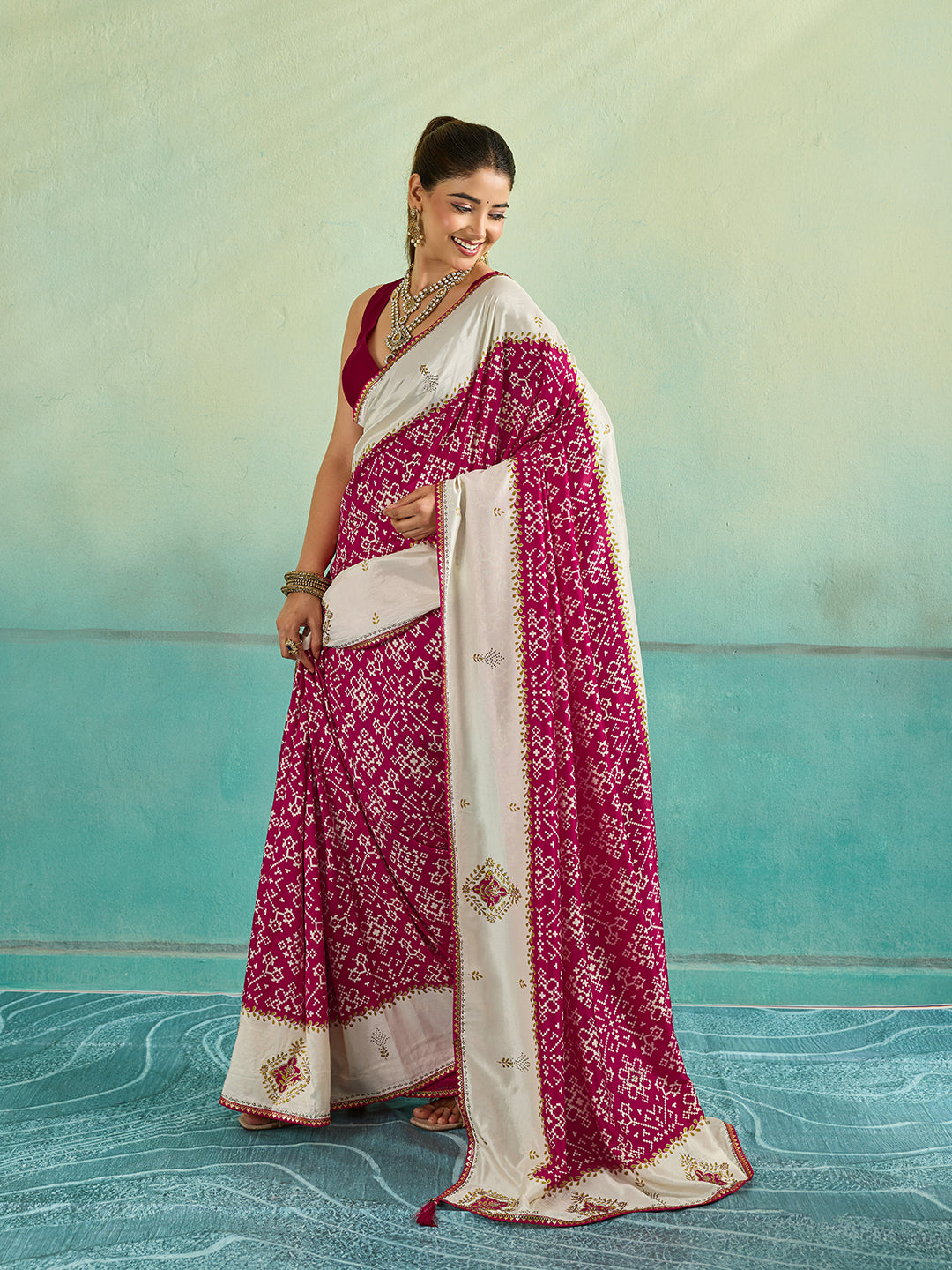 KcPc New Latest Ajrakh Style Creap Silk Saree with Stone Work Saree STR