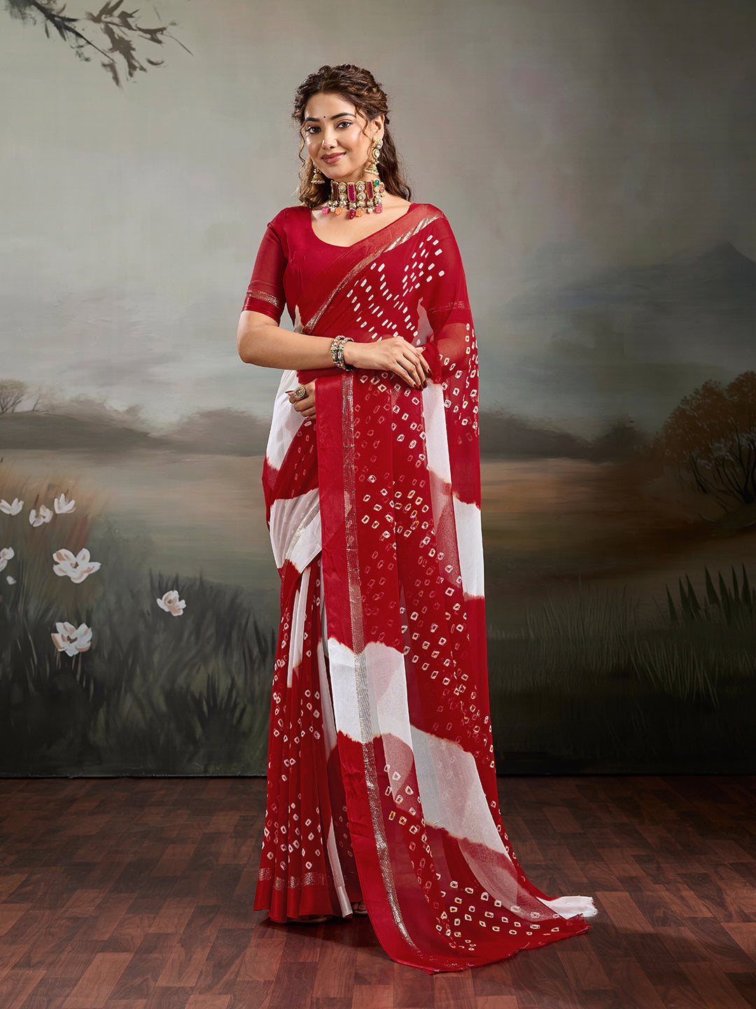 Georgette Multi ColourBandhni saree under 1000