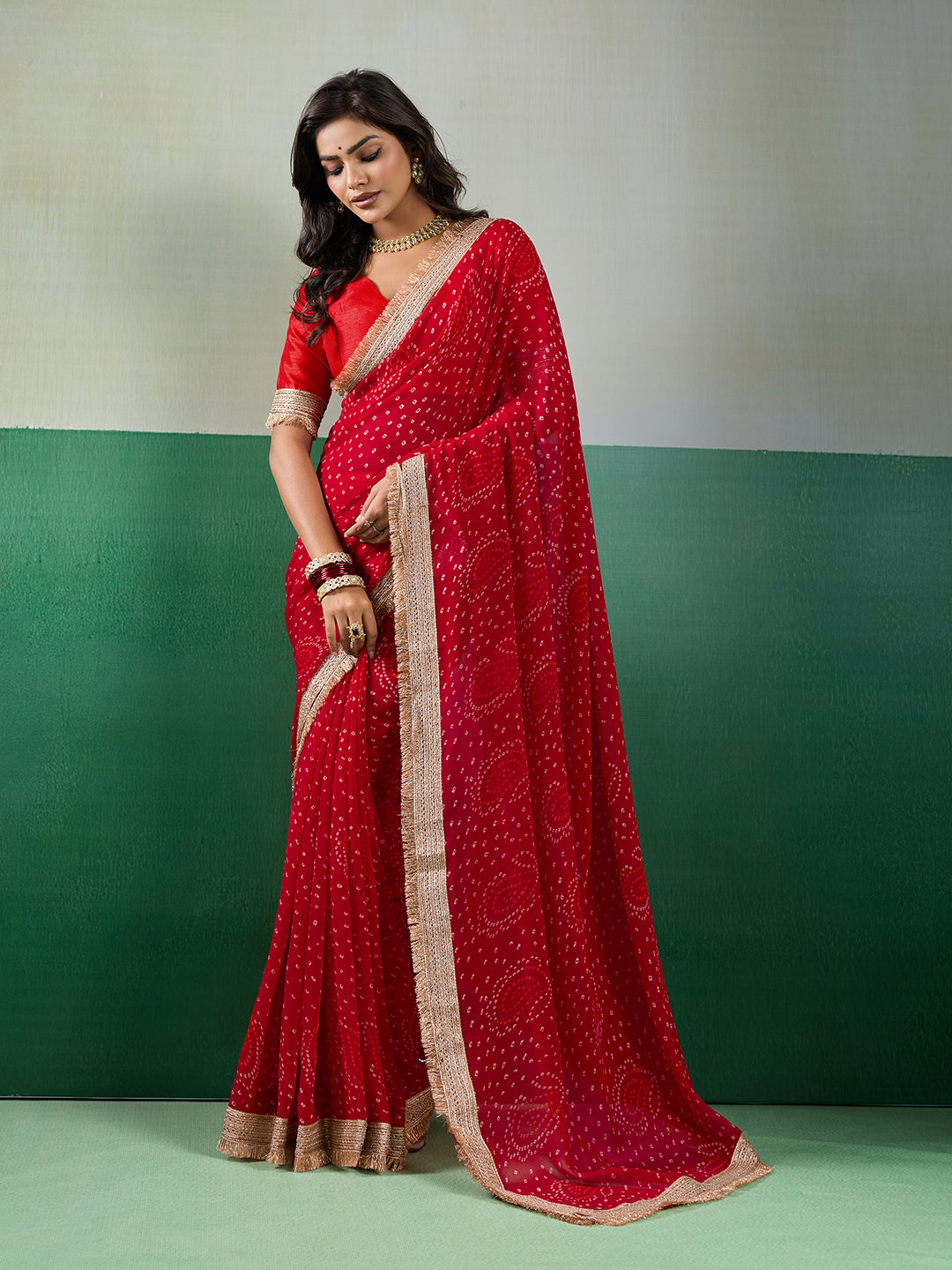 KcPc Beautifully Crafted Bandhani Georgette Saree with Embroidery KDN