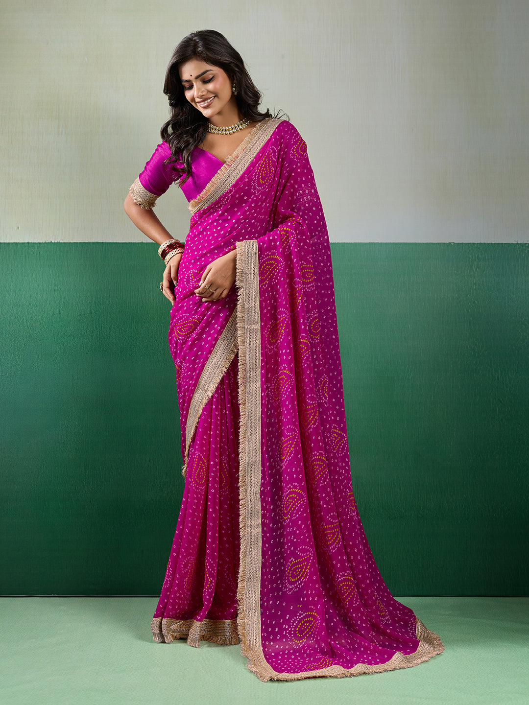 KcPc Stylish Bandhani Pattern Georgette Saree with Embroidery Touch KDN
