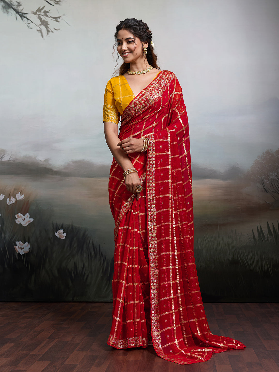 KcPc Pure Georgette Banarasi Gharchola Red Tone Karwachauth Special Saree KRN