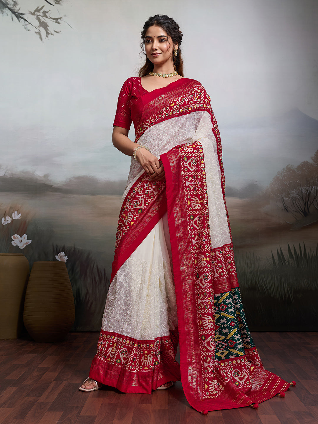KcPc Pure Georgette Chikankari Work Patola Handprint Saree With BlouseSTR