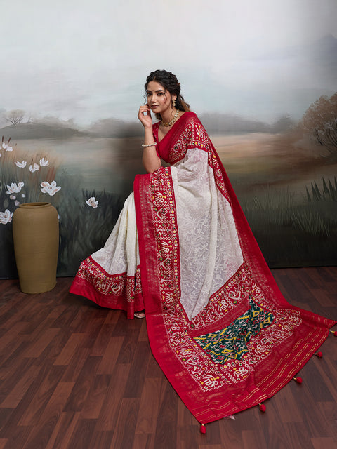 KcPc Pure Georgette Chikankari Work Patola Handprint Saree With Blouse  STR