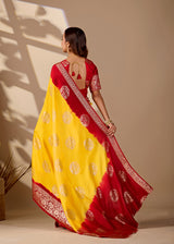 A yellow and red saree withPure Georgette Zari Faag Shadded Saree