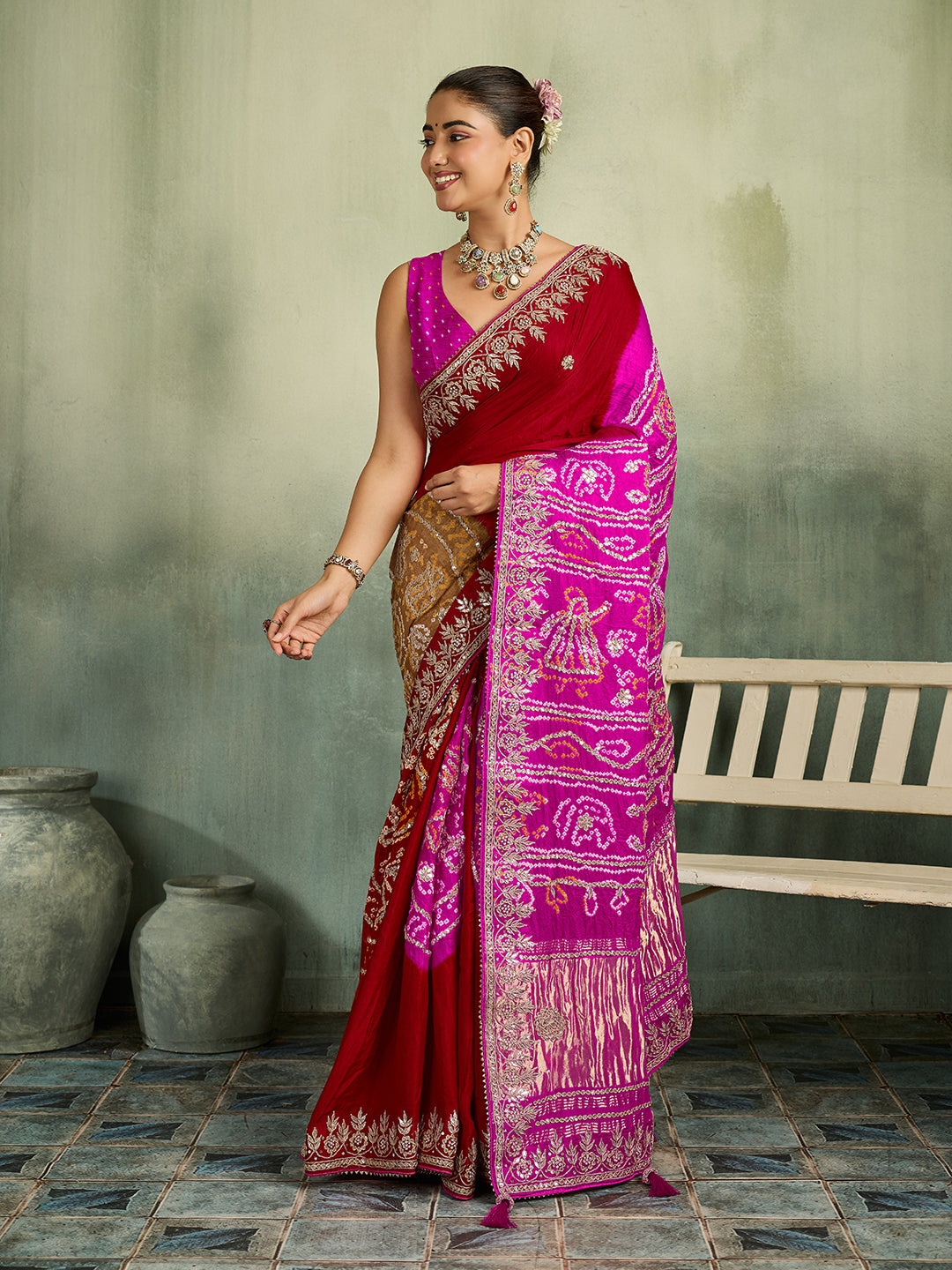 KcPc Premium Bandhani Gaji Silk Saree with Elegant Gota PattiAMT