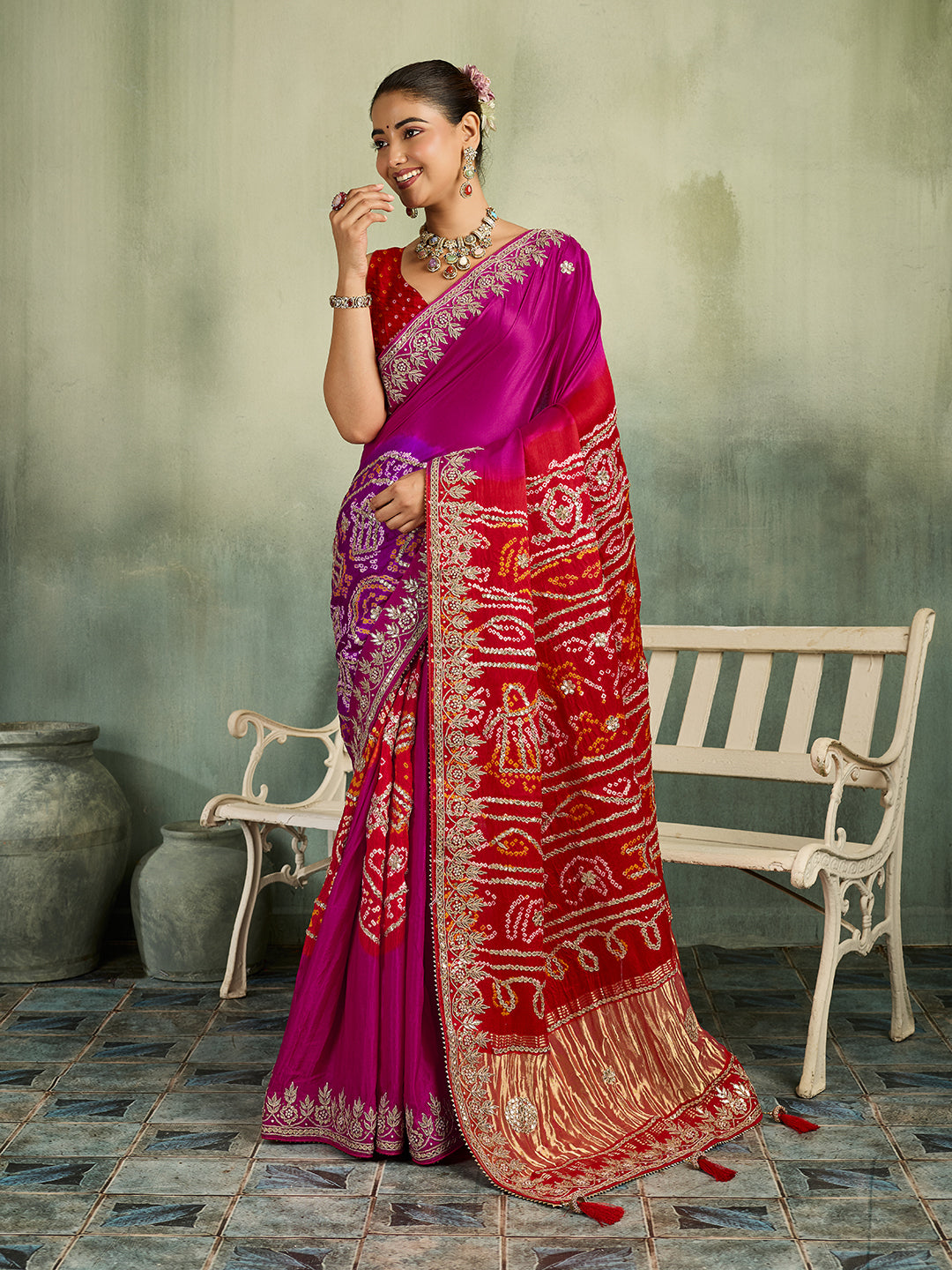 KcPc Designer Gaji Silk Bandhani Saree with Gota Patti AMT