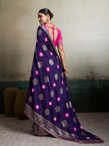 Purple and Pink Banarasi Silk Saree Back View with Pallu Drape