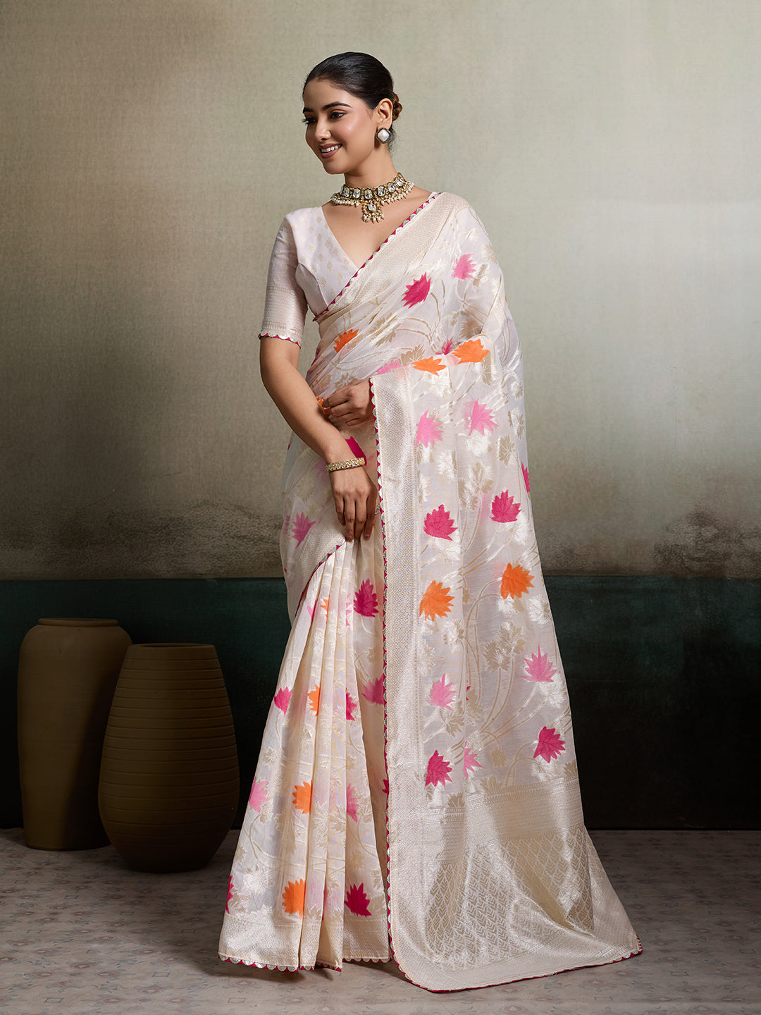 Kashmiri Silk saree under 1500 in beautiful white colour 