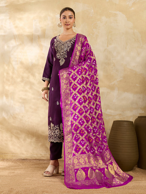 KcPc New Beautiful Jacquard Silk Bandhani Dupatta with Handmade Work